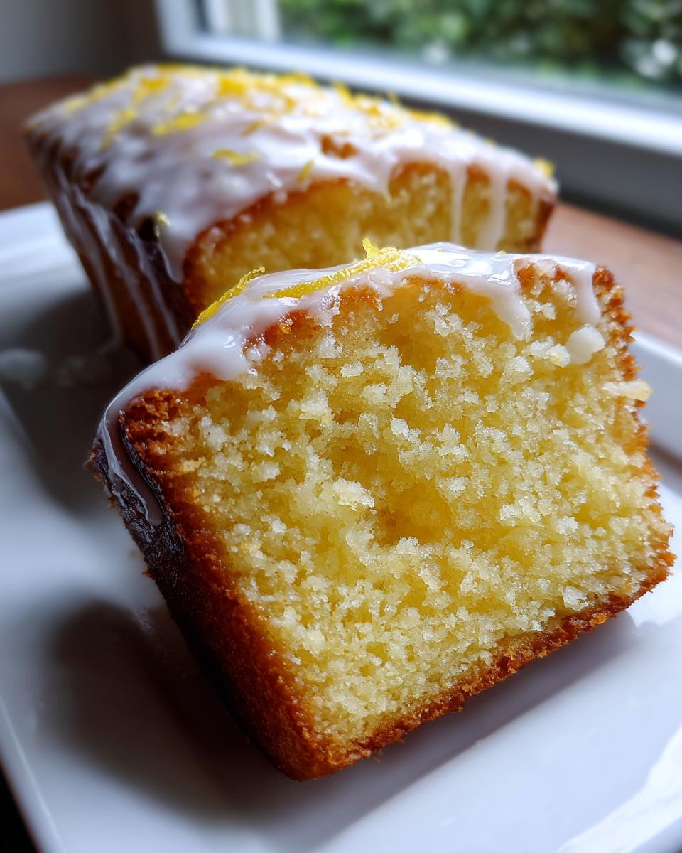 A close-up shot showing the moist, yellow crumb of a lemon loaf slice topped with white glaze and lemon zest.