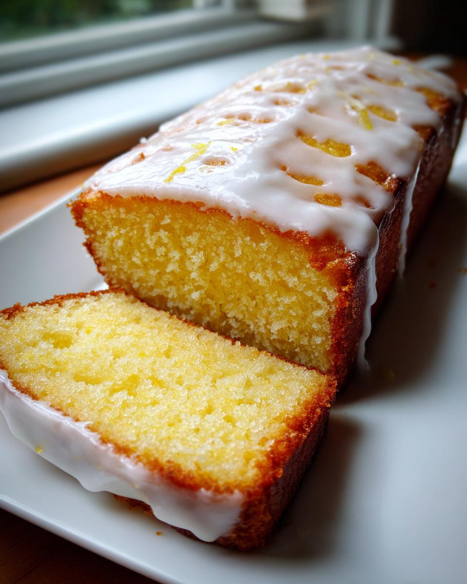 A moist, yellow lemon loaf cake with a thick white glaze and lemon zest, with one slice cut.