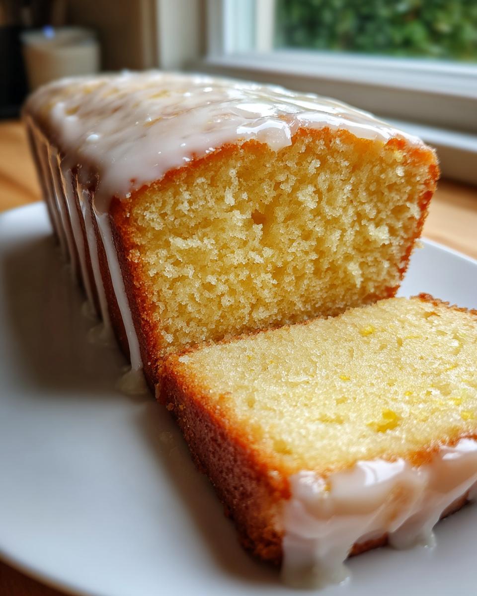 Close-up of a moist, yellow lemon loaf cake with a thick, white glaze drizzled over the top, one slice cut.