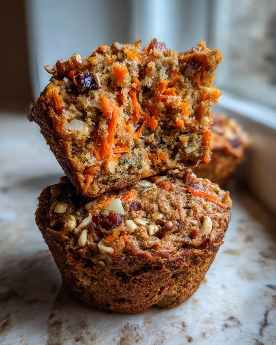 Close-up of morning glory muffins, one split open showing shredded carrots and nuts inside.