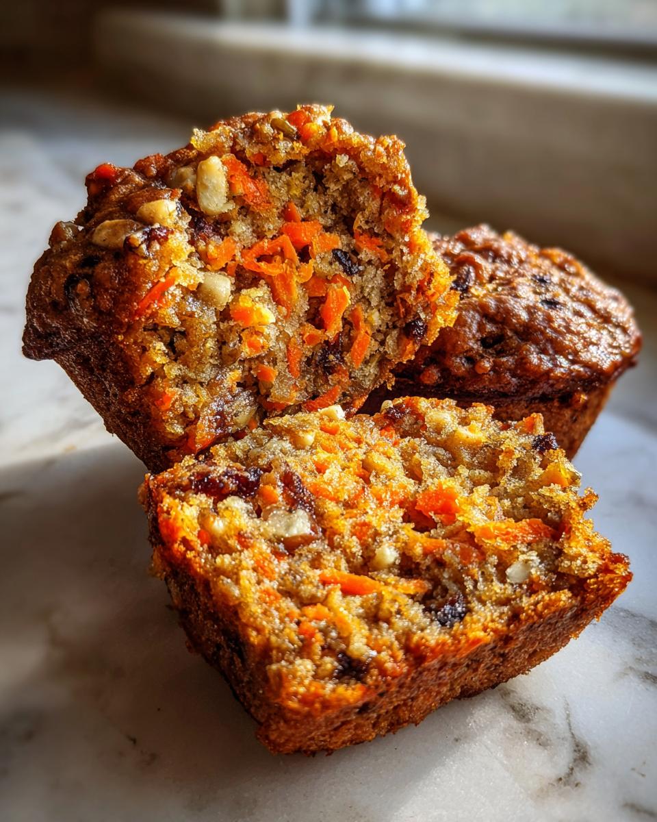 Close-up of morning glory muffins cut in half, showing shredded carrots, nuts, and raisins inside.