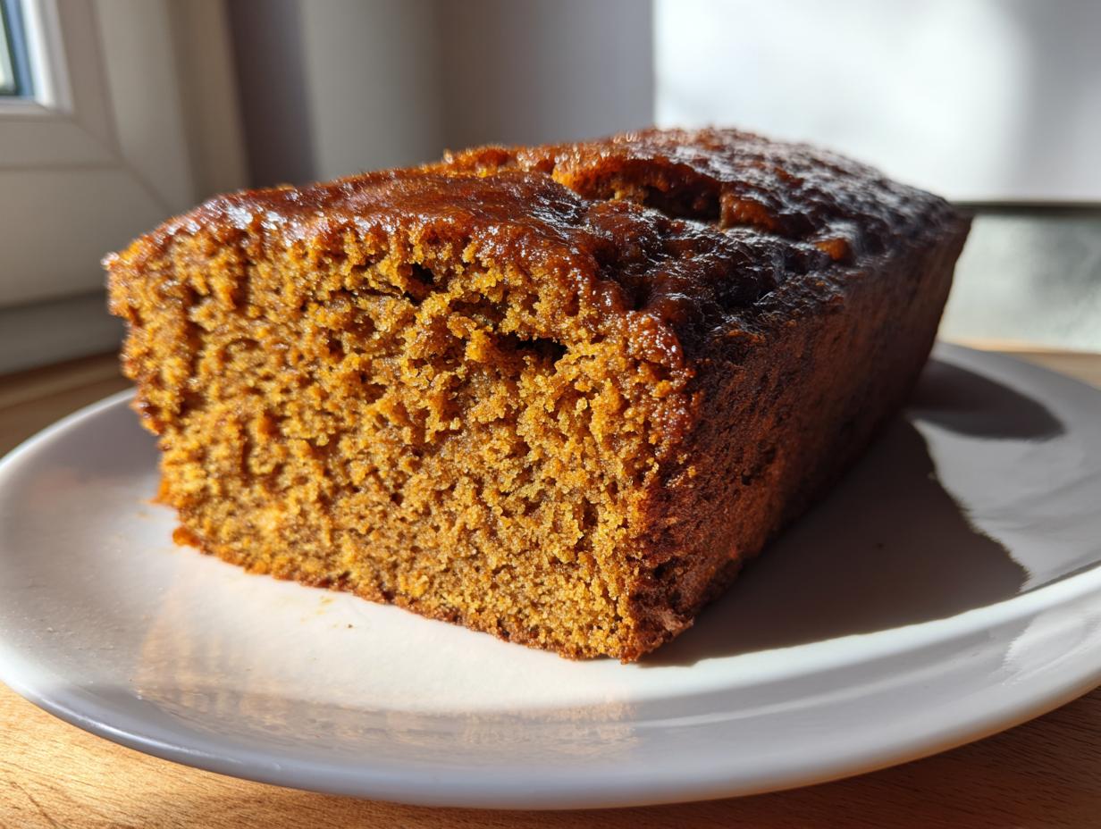 A close-up view of a freshly baked, moist loaf of pumpkin bread sitting on a white plate.