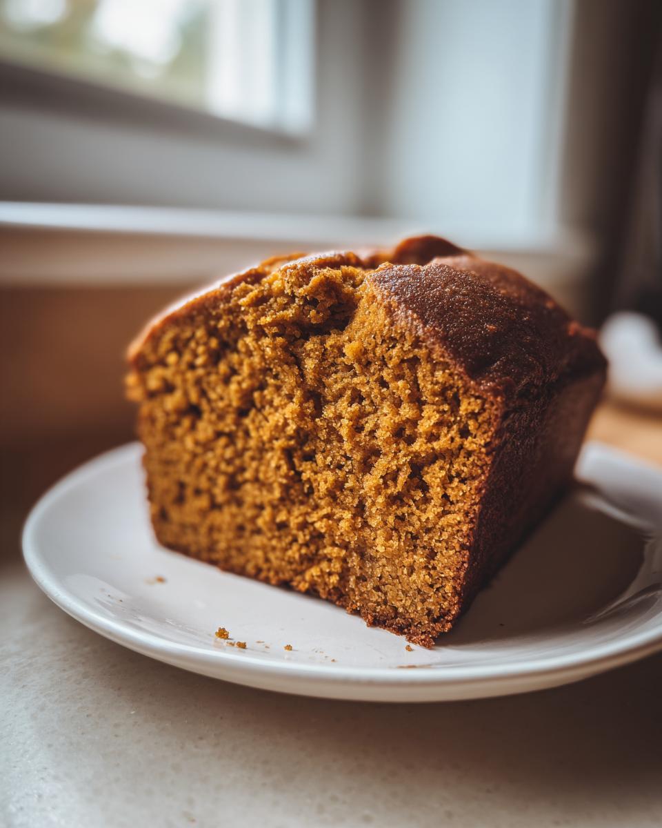 Close-up of a thick slice of moist pumpkin bread with a rich brown crust, served on a white plate.