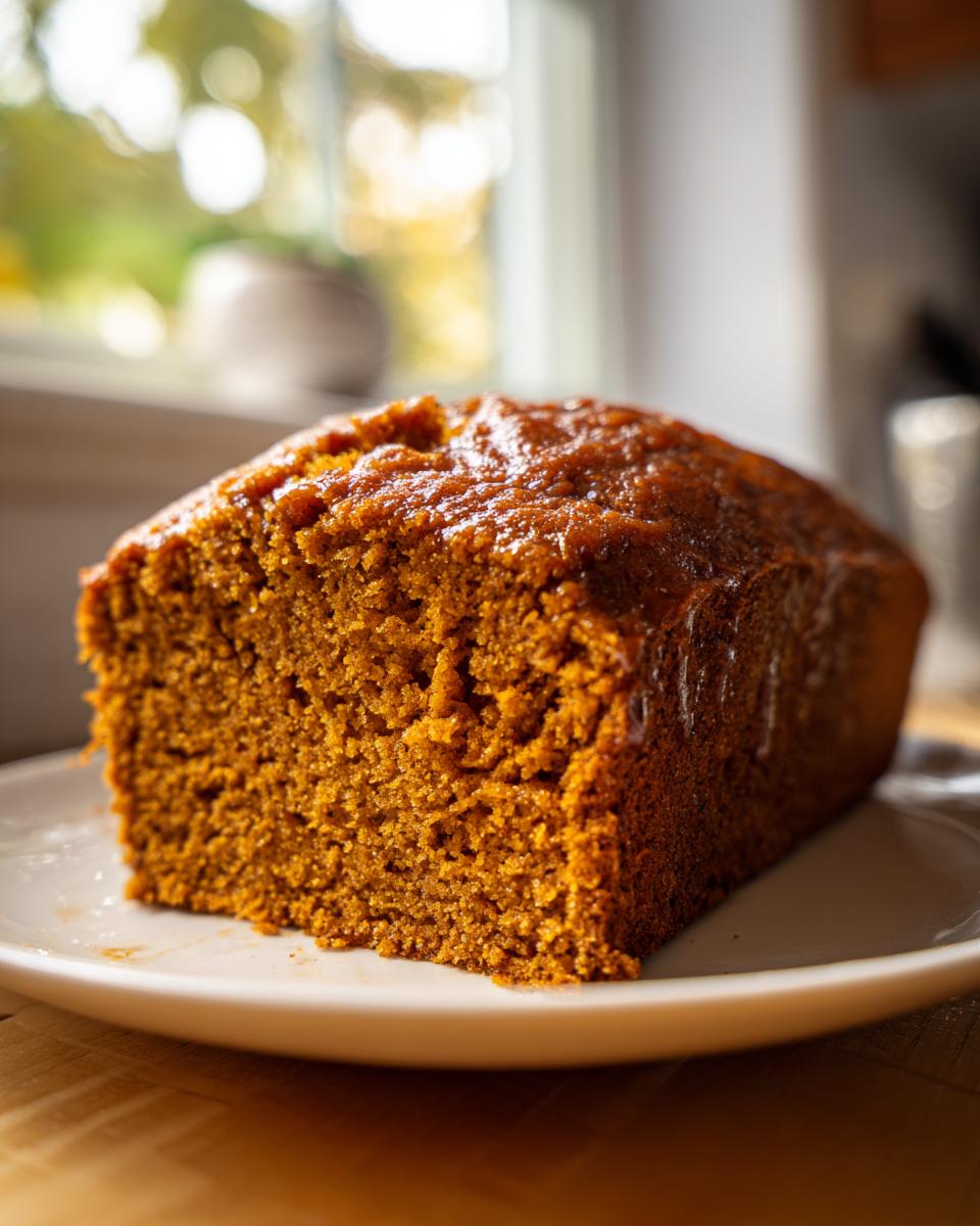 A close-up of a moist, dark orange slice of homemade pumpkin bread resting on a white plate.