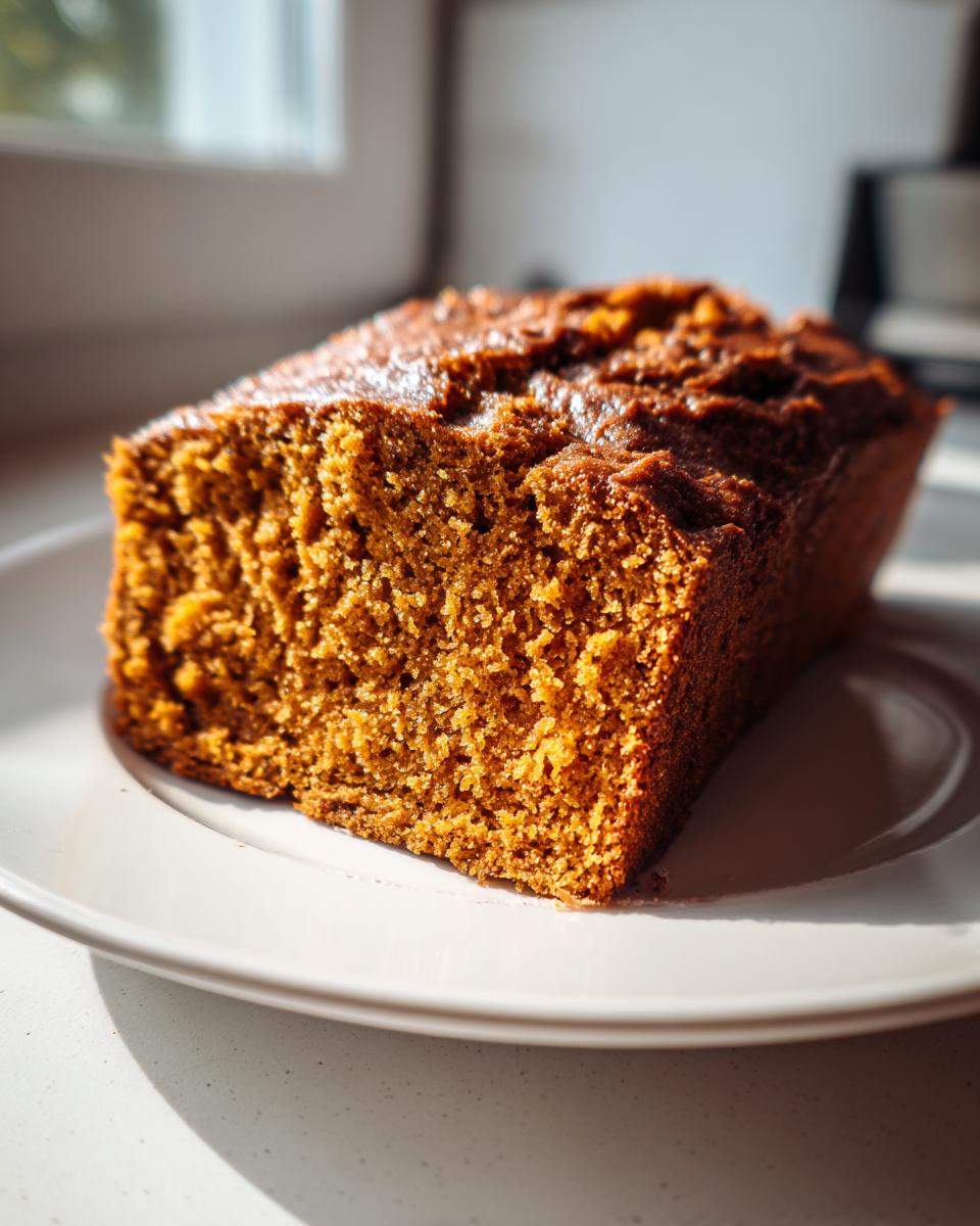 Close-up of a moist, dark orange slice of homemade pumpkin bread resting on a white plate near a window.