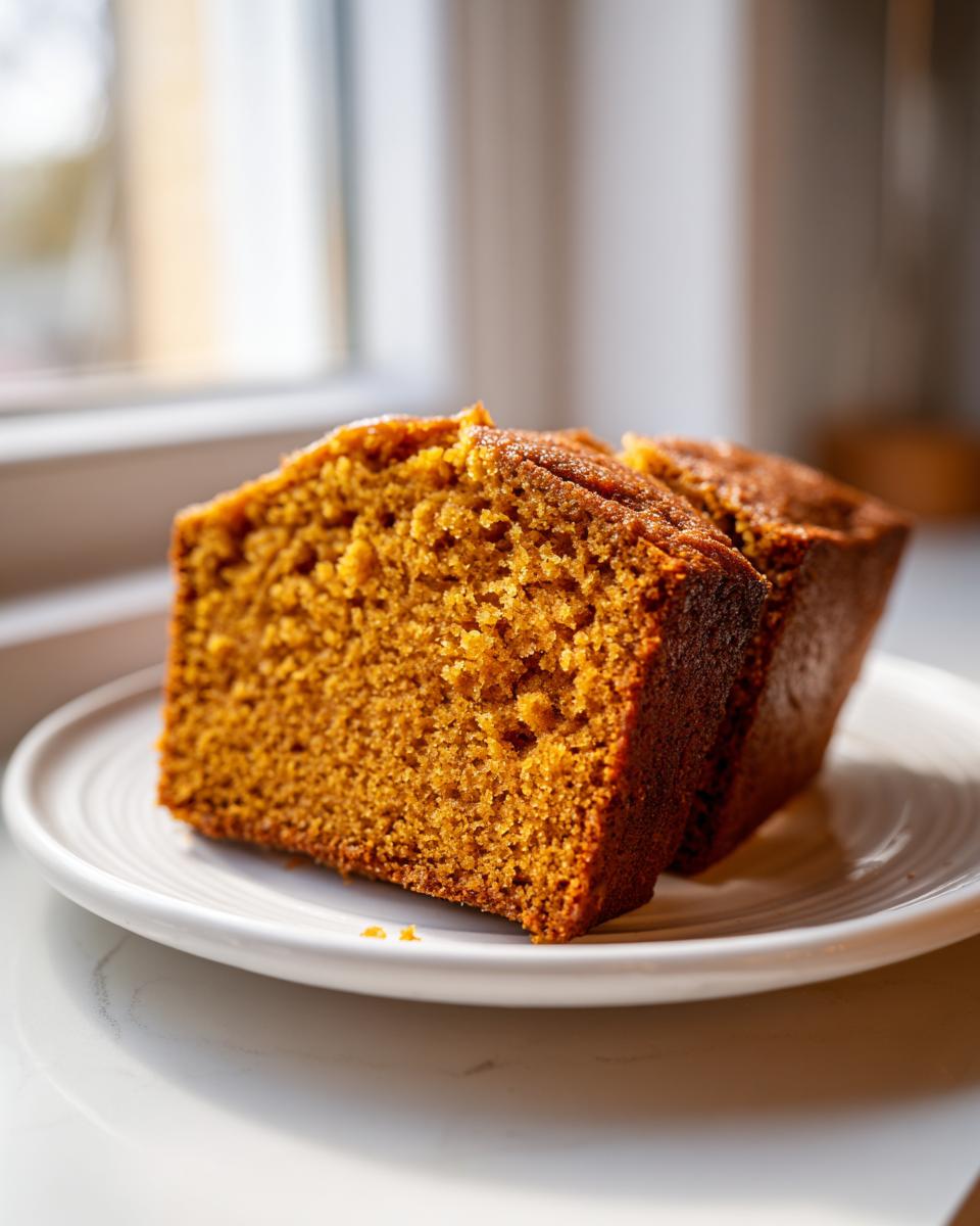 Close-up of two moist slices of homemade pumpkin bread on a white plate, showing the rich orange crumb.