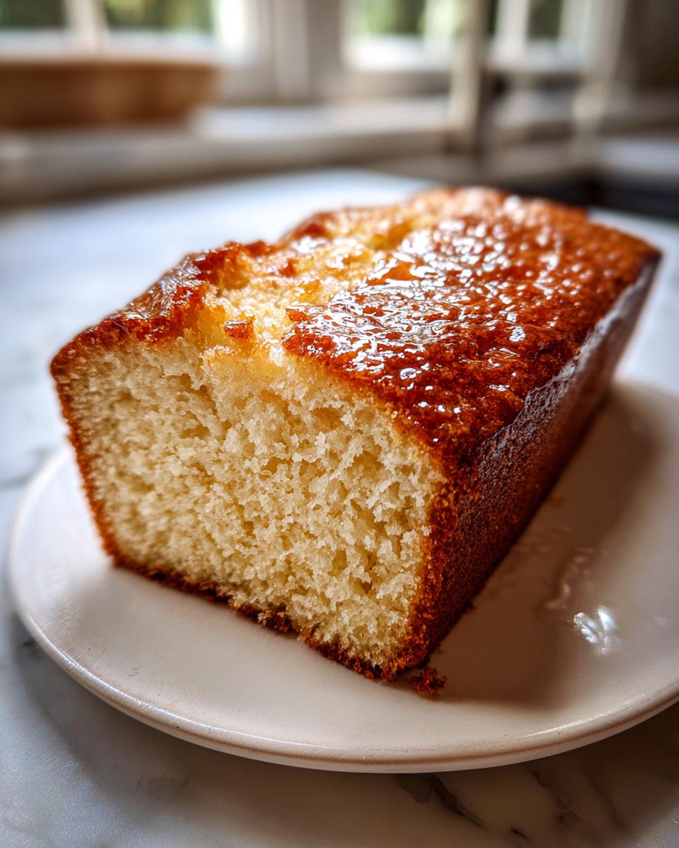 Close-up of a thick slice of golden brown beer bread with a shiny, glazed top, resting on a small white plate.