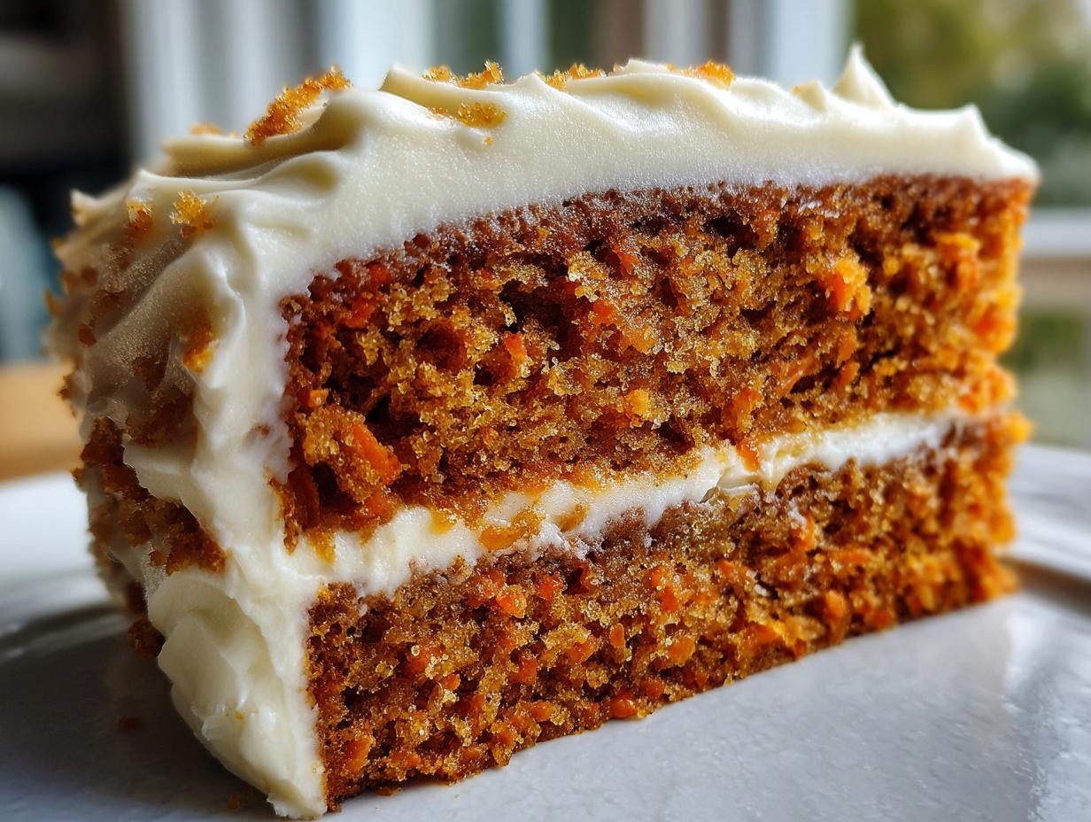 Close-up of a moist slice of carrot cake recipe showing two layers and thick cream cheese frosting.