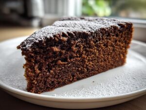 Close-up of a rich, dark slice of gingerbread cake dusted with powdered sugar on a white plate.