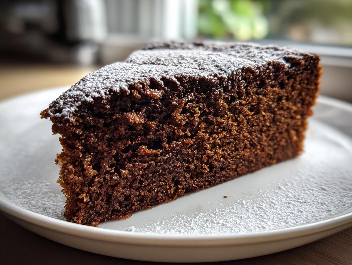 Close-up of a rich, dark slice of gingerbread cake dusted with powdered sugar on a white plate.