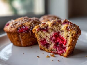 Close-up of a halved strawberry muffin showing moist interior and bright red fruit, topped with coarse sugar.