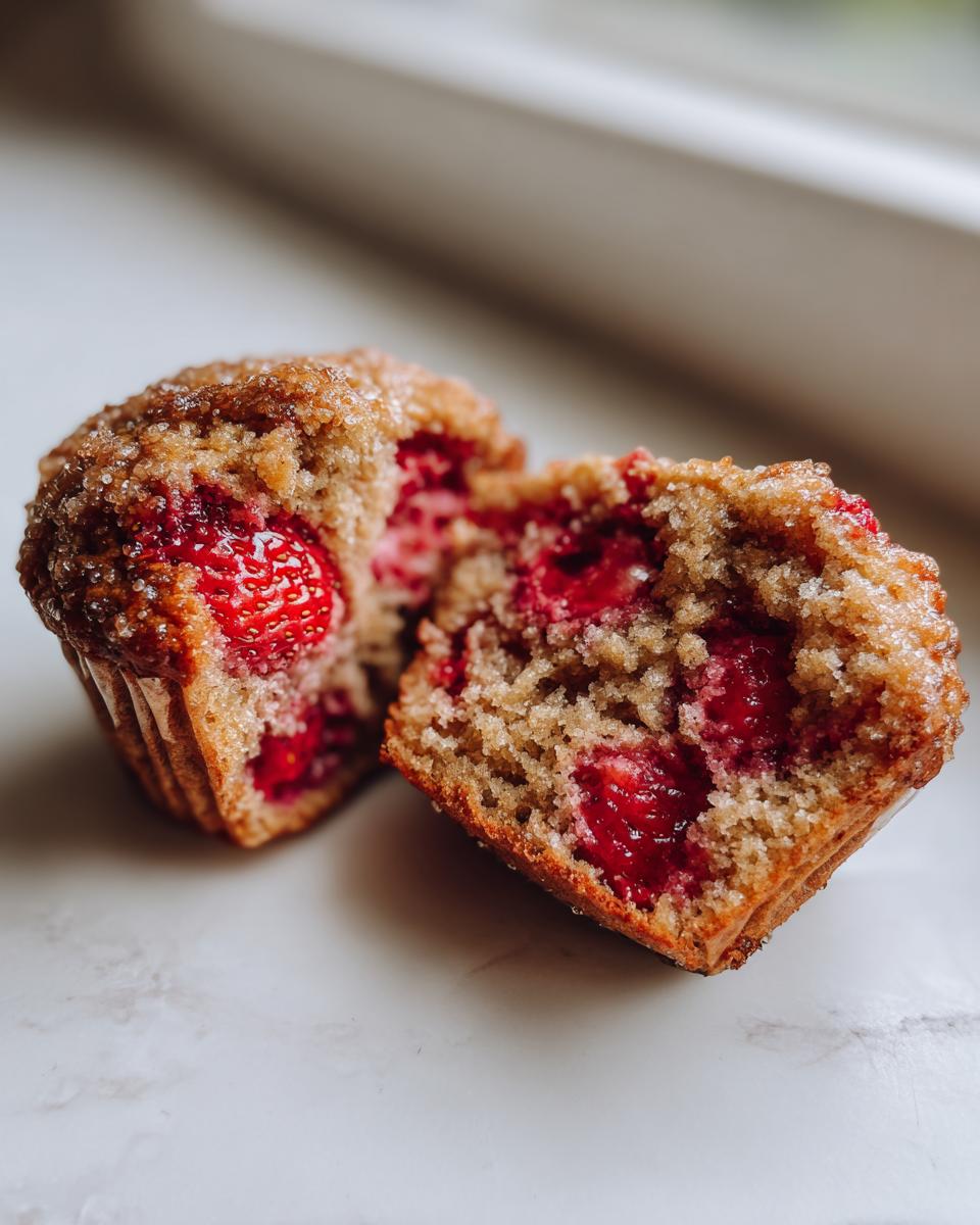 A close-up of a strawberry muffin cut in half, revealing a moist interior packed with bright red strawberries.