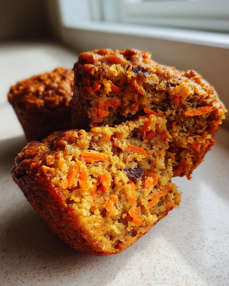 Close-up of a morning glory muffin split in half, showing shredded carrots and raisins inside the moist crumb.