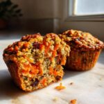 Close-up of a morning glory muffin cut in half, showing shredded carrots and raisins inside.