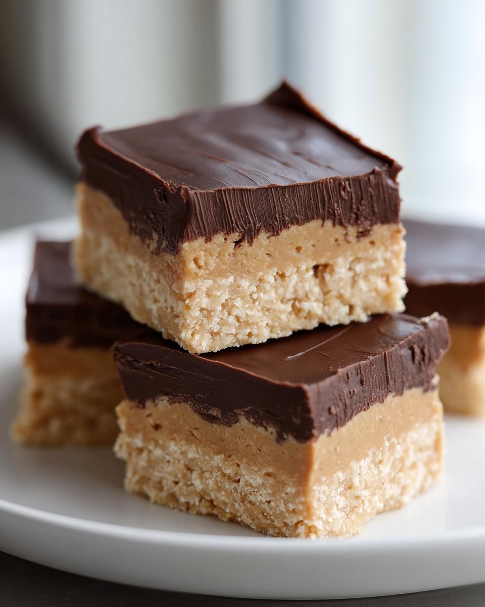 Close-up of stacked no-bake peanut butter bars featuring a crunchy base, creamy peanut butter layer, and thick chocolate topping.