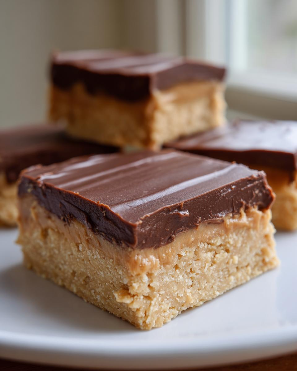 A close-up of a square no-bake peanut butter bars slice showing the crumbly base, creamy peanut butter layer, and rich chocolate topping.