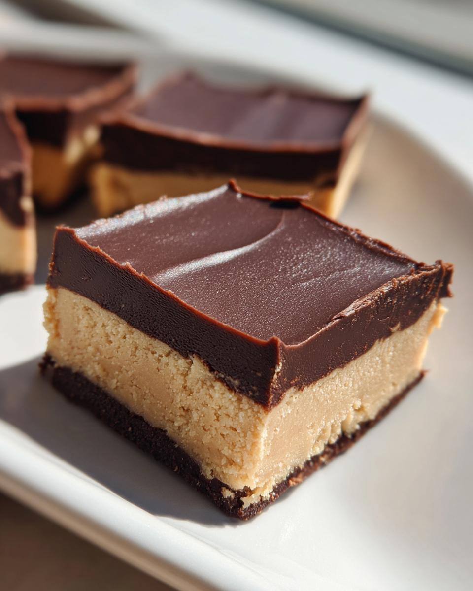 A close-up of a perfectly cut square of no-bake peanut butter bars, showing a dark crust, thick peanut butter layer, and glossy chocolate topping.