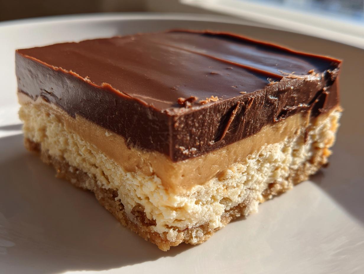 A single, thick slice of no-bake peanut butter bars showing four distinct layers: crust, creamy filling, peanut butter layer, and chocolate topping.