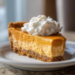 A perfect slice of no bake pumpkin pie featuring a graham cracker crust and topped with a dollop of whipped cream.