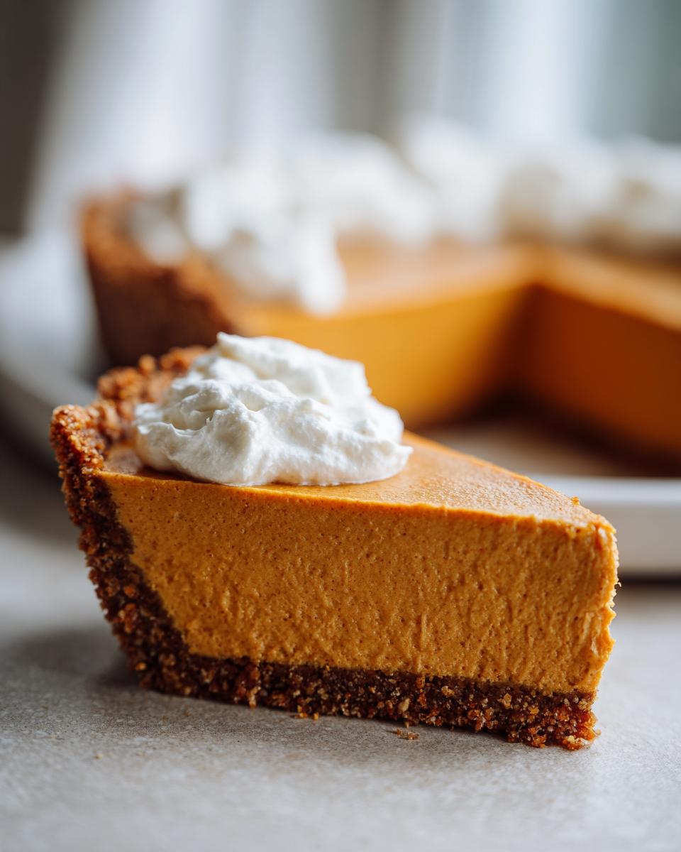 A close-up slice of rich, orange no bake pumpkin pie with a dark graham cracker crust, topped with whipped cream.