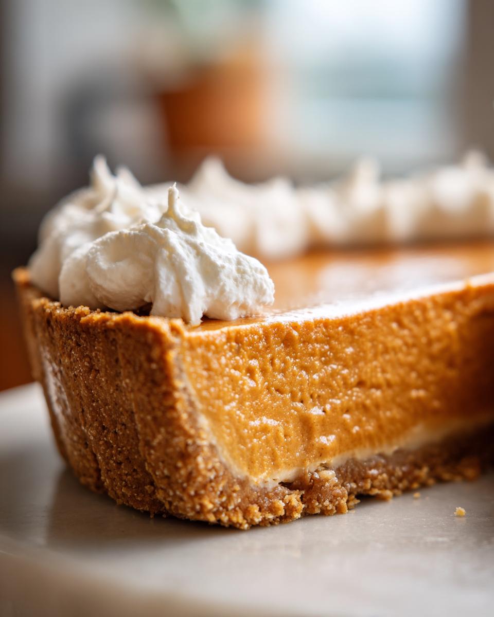 Close-up of a thick slice of no bake pumpkin pie showing the graham cracker crust and creamy filling topped with whipped cream.