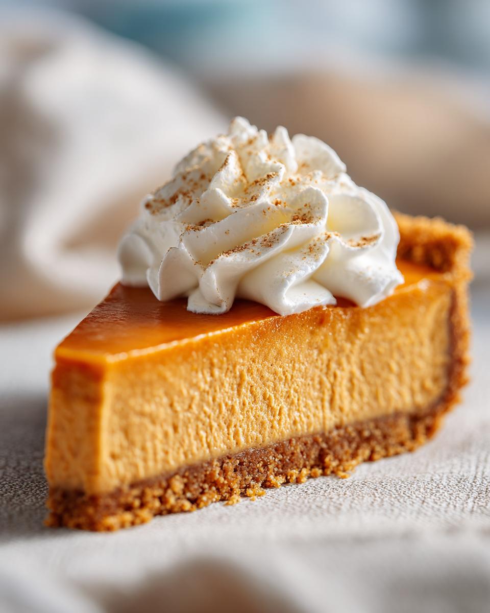 A close-up of a creamy slice of no bake pumpkin pie topped with whipped cream and cinnamon.