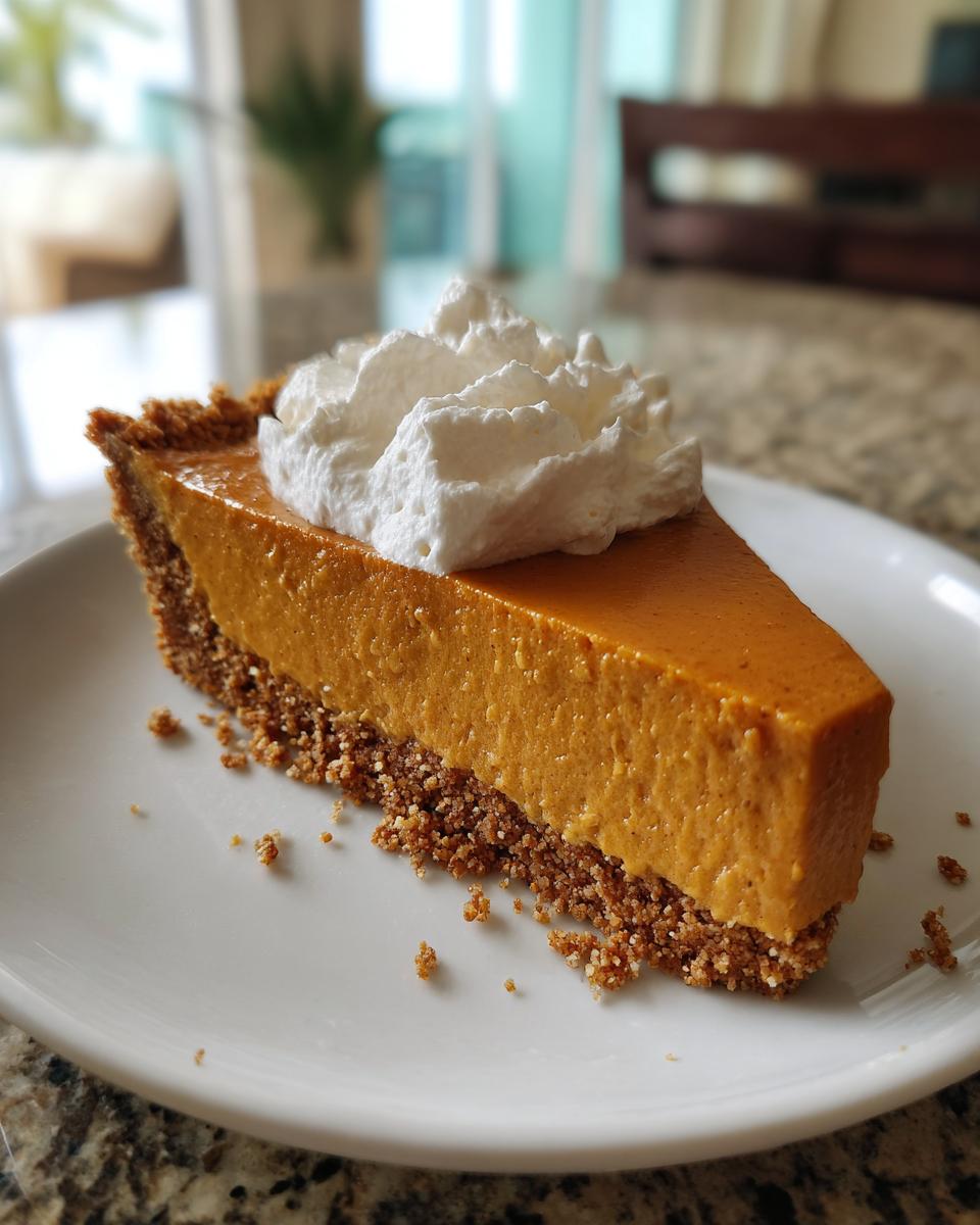 A perfect slice of no bake pumpkin pie featuring a thick graham cracker crust and topped with a dollop of whipped cream.