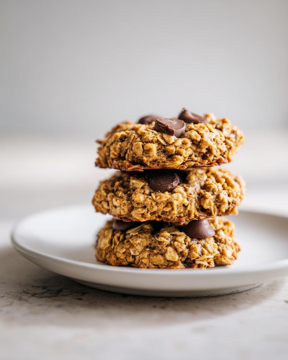 Three oatmeal chocolate chip breakfast cookie treats stacked on a small white plate.