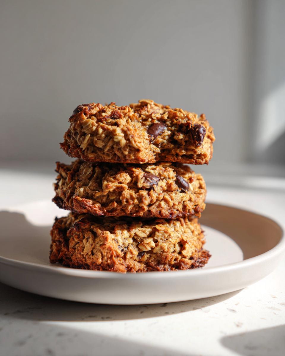 Three thick, oatmeal-based breakfast cookie stacked on a light plate, featuring visible chocolate chips.