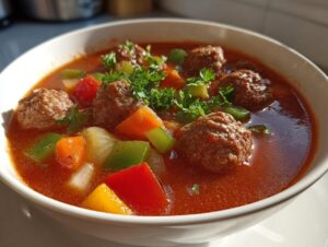 Close-up of a white bowl filled with rich tomato broth albondigas soup, featuring meatballs and colorful chopped vegetables.