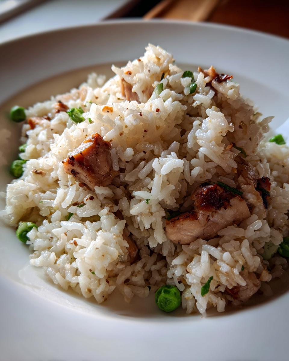 Close-up of a mound of fluffy white rice mixed with chunks of browned chicken and green peas, representing one pot chicken and rice.