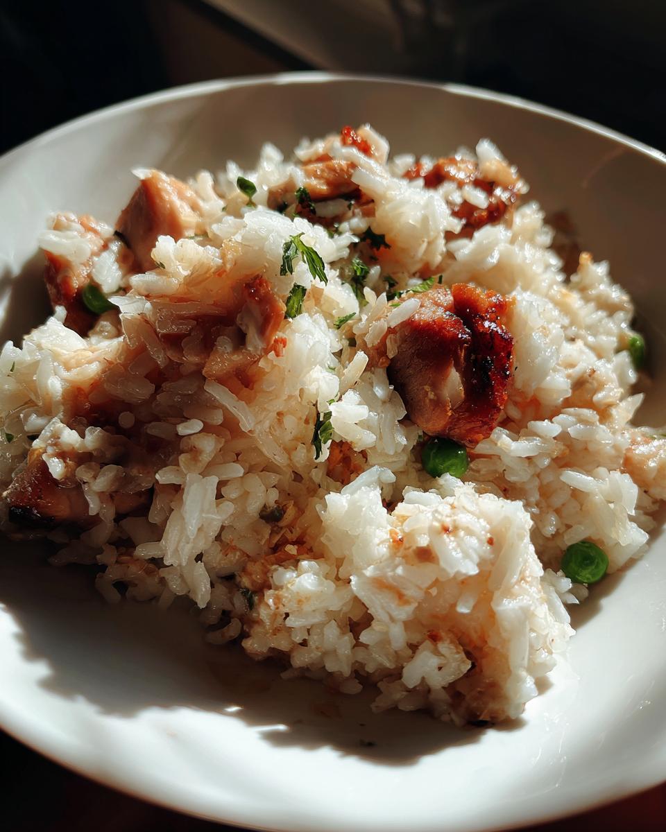 Close-up of a serving of fluffy one pot chicken and rice with peas and herbs in a white bowl.