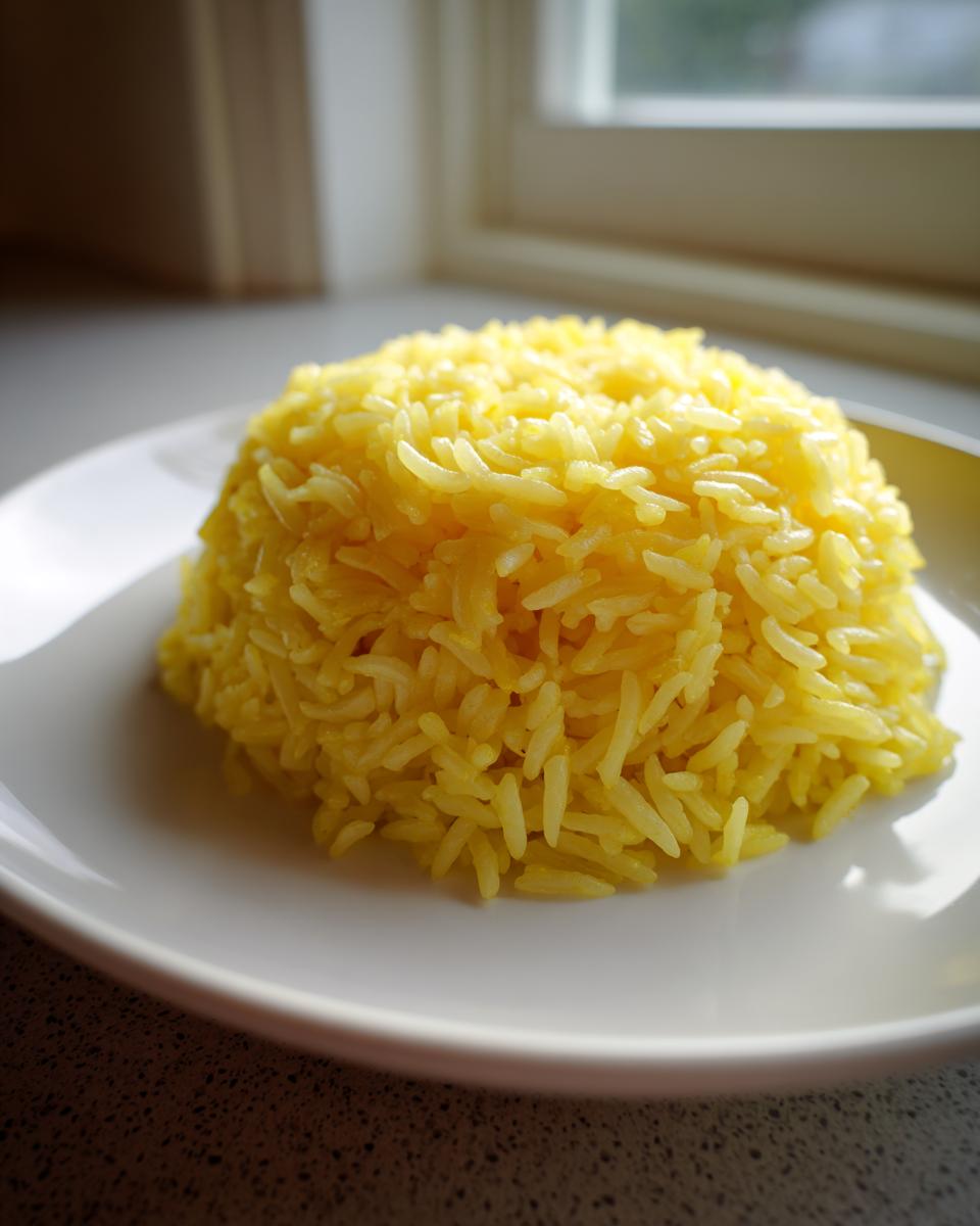 A perfectly molded mound of bright yellow turmeric rice served on a white plate, lit by natural window light.