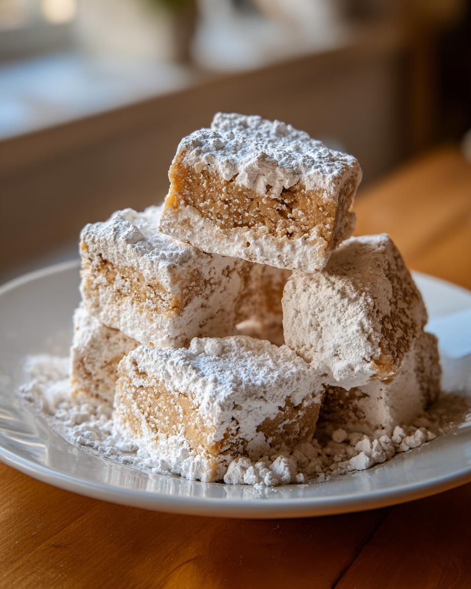 A stack of rich, light brown penuche fudge squares heavily dusted with white powdered sugar on a white plate.