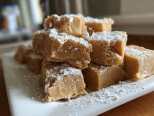 A stack of creamy, light brown penuche fudge squares dusted generously with white powdered sugar on a white platter.