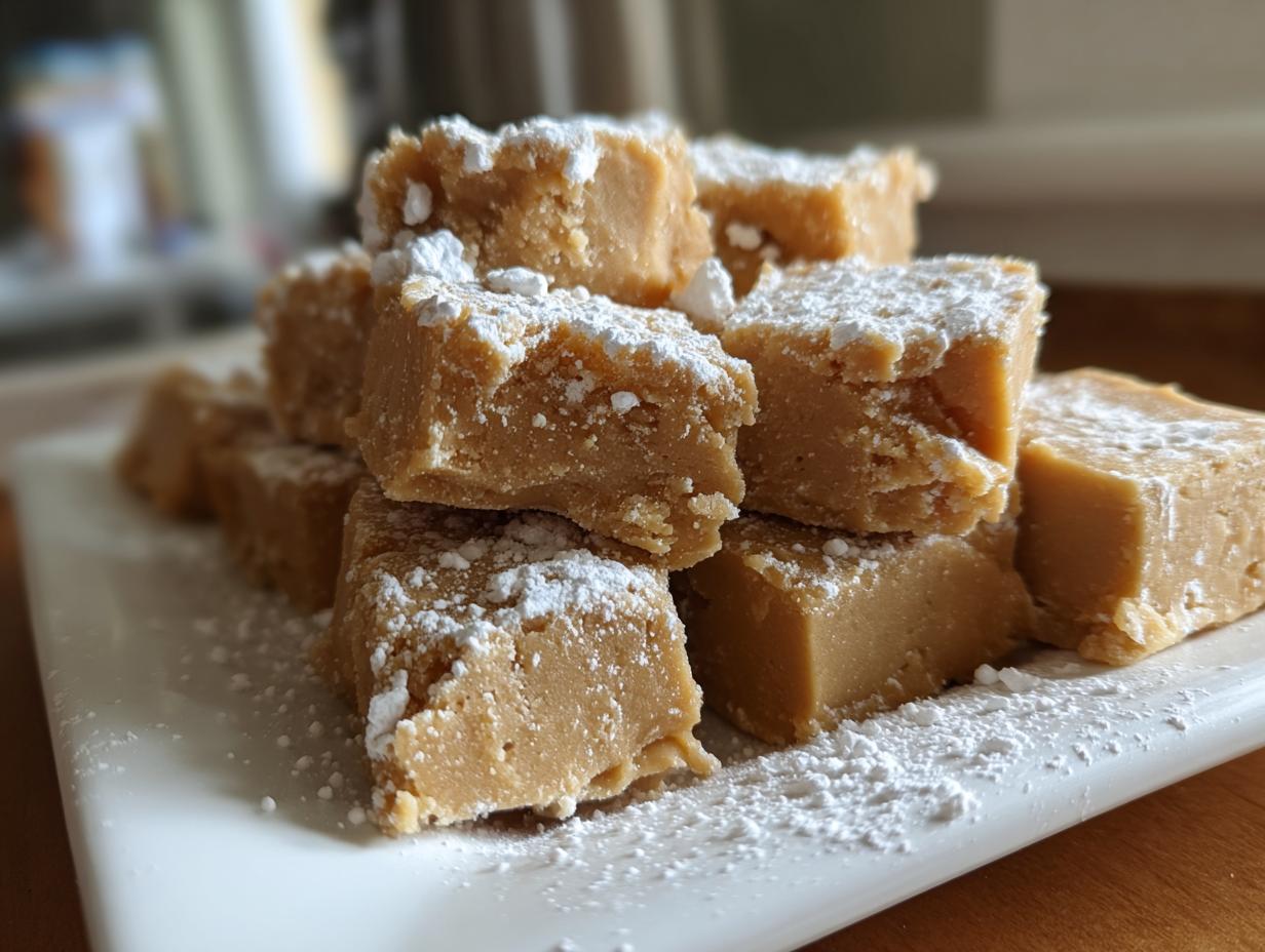 A stack of creamy, light brown penuche fudge squares dusted generously with white powdered sugar on a white platter.