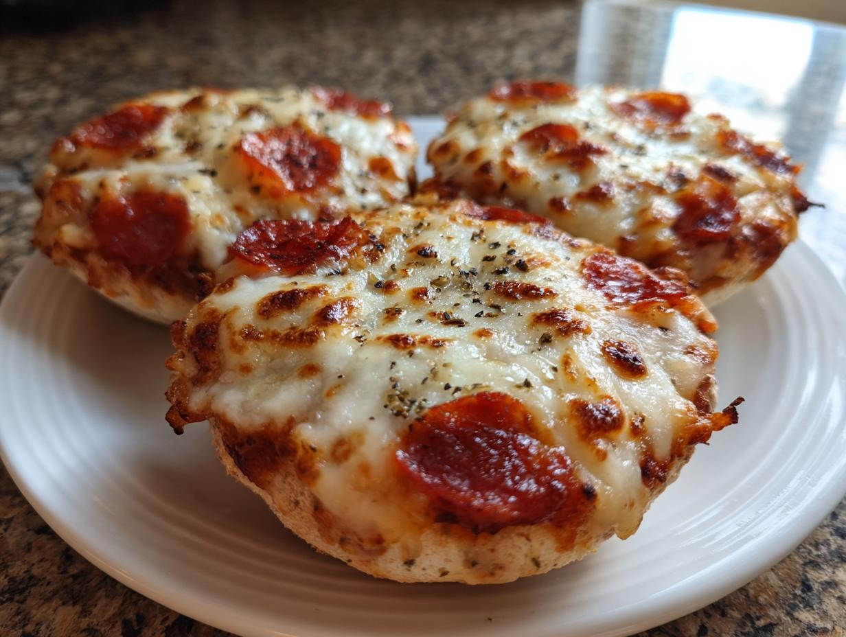 Three perfectly baked pepperoni english muffin pizza halves topped with melted, bubbly cheese and herbs on a white plate.