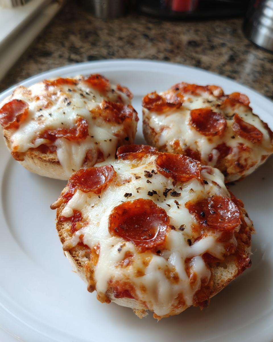 Three freshly baked english muffin pizza halves topped with melted mozzarella, pepperoni, and herbs on a white plate.
