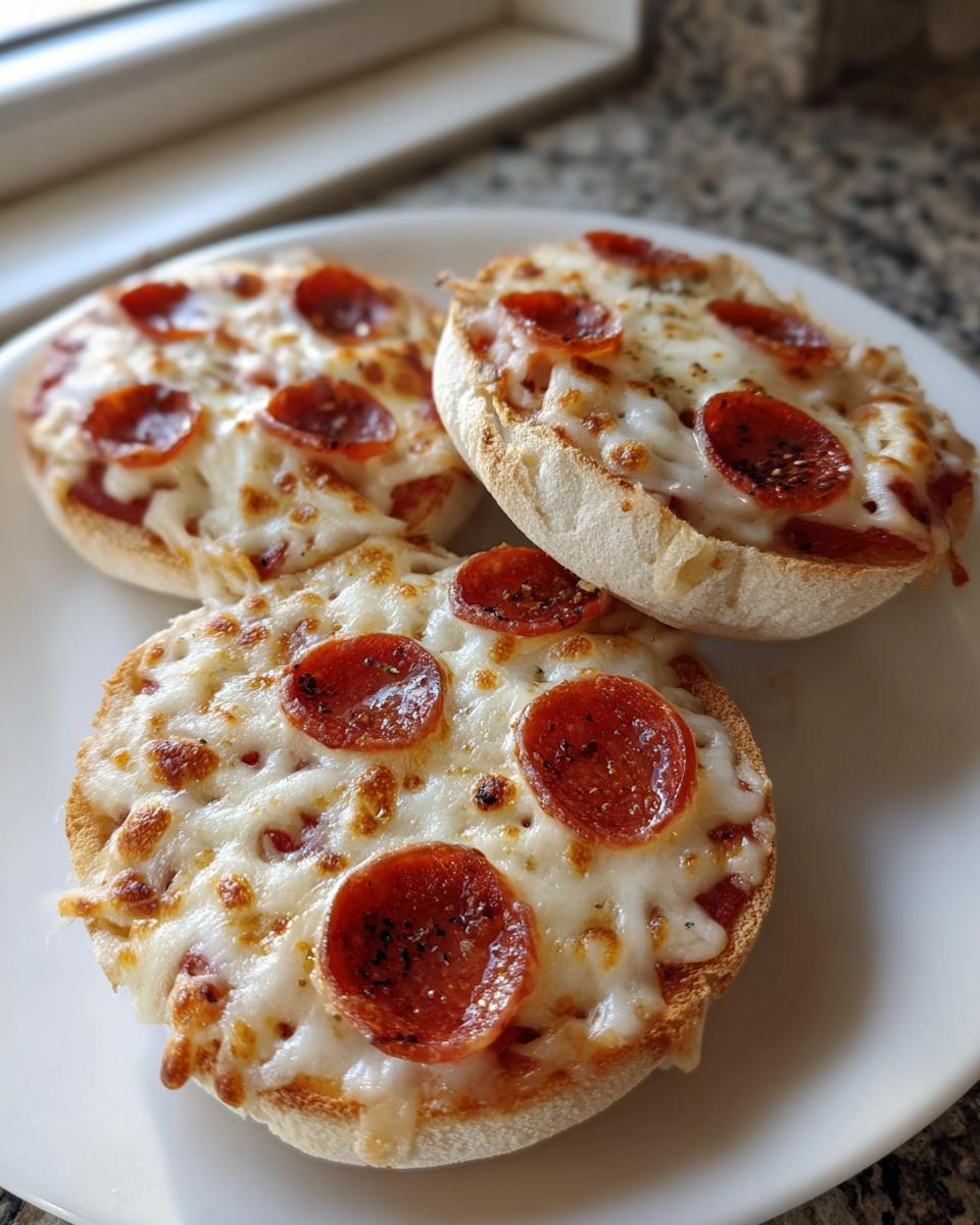Three freshly baked pepperoni english muffin pizza halves topped with melted, bubbly cheese on a white plate.