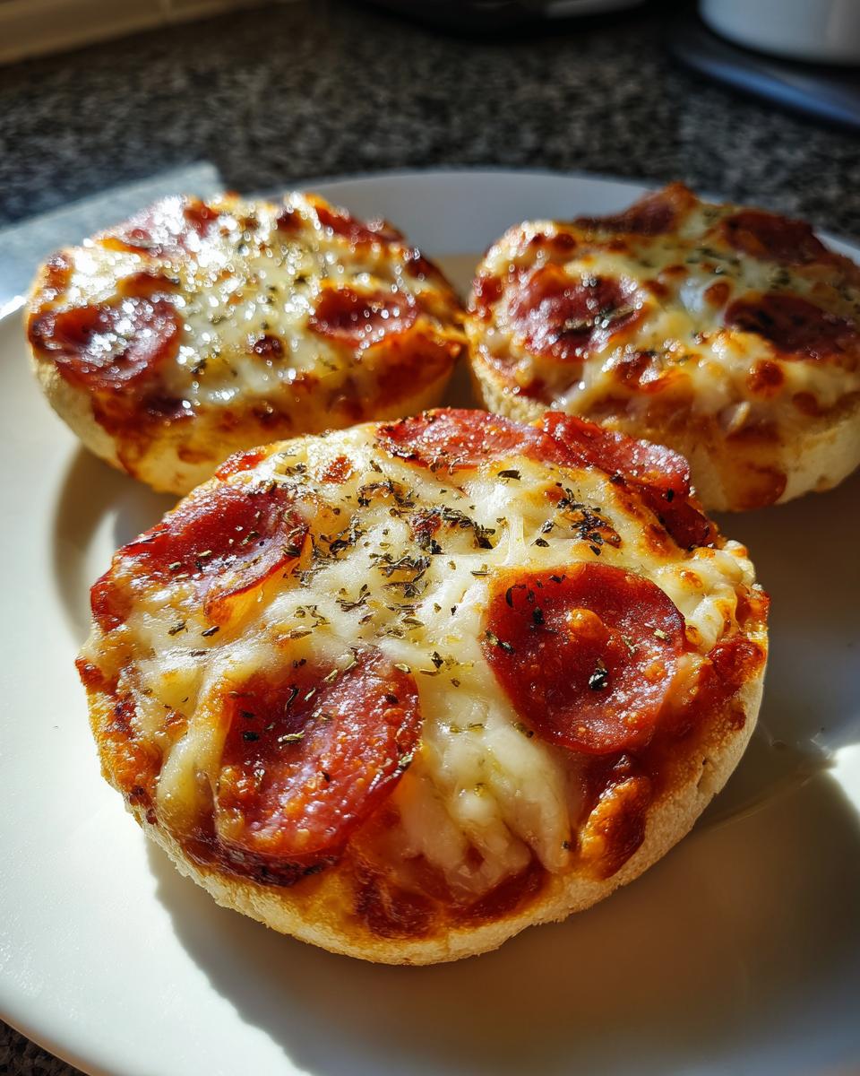 Three freshly baked pepperoni english muffin pizza halves topped with melted cheese and herbs on a white plate.