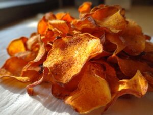 A close-up, sunlit pile of crispy, orange sweet potato chips resting on white parchment paper.