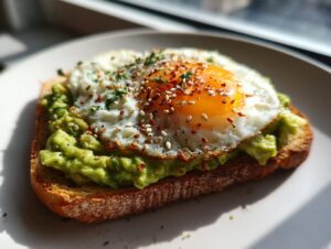 Close-up of delicious avocado toast topped with a perfectly cooked sunny side up egg and everything bagel seasoning.