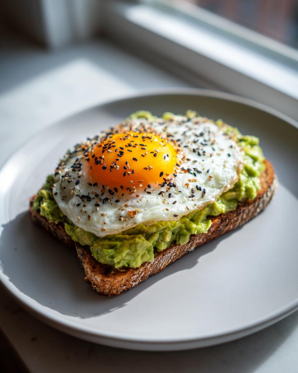 A perfectly prepared slice of avocado toast topped with mashed avocado, a sunny-side-up egg, and everything bagel seasoning.