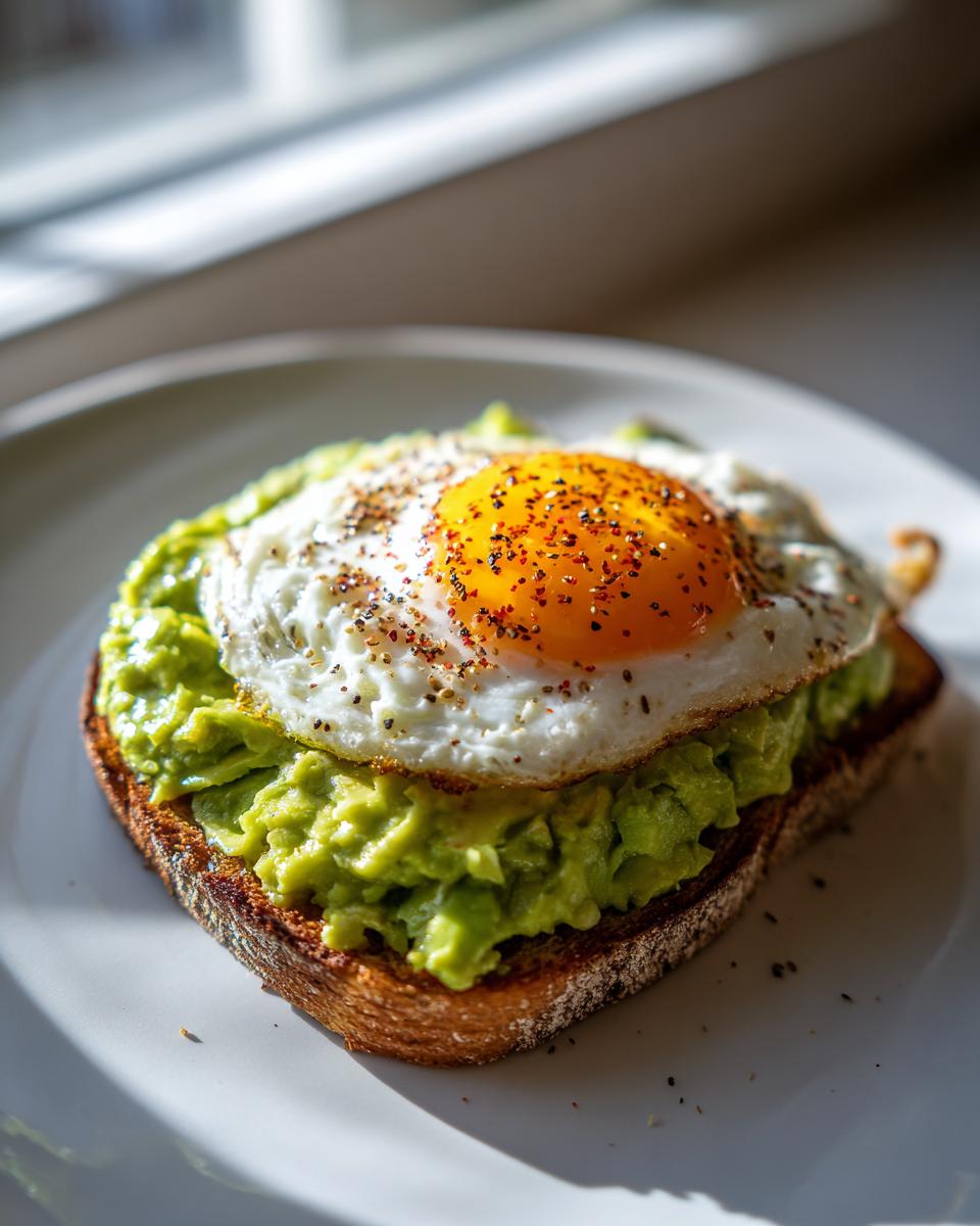 A perfectly made avocado toast topped with mashed avocado and a sunny-side-up fried egg seasoned with pepper.