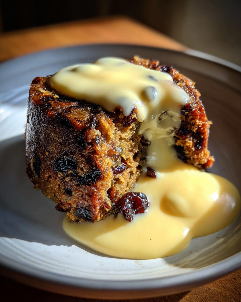 A close-up of a moist, dark plum pudding slice generously topped with flowing vanilla custard sauce.