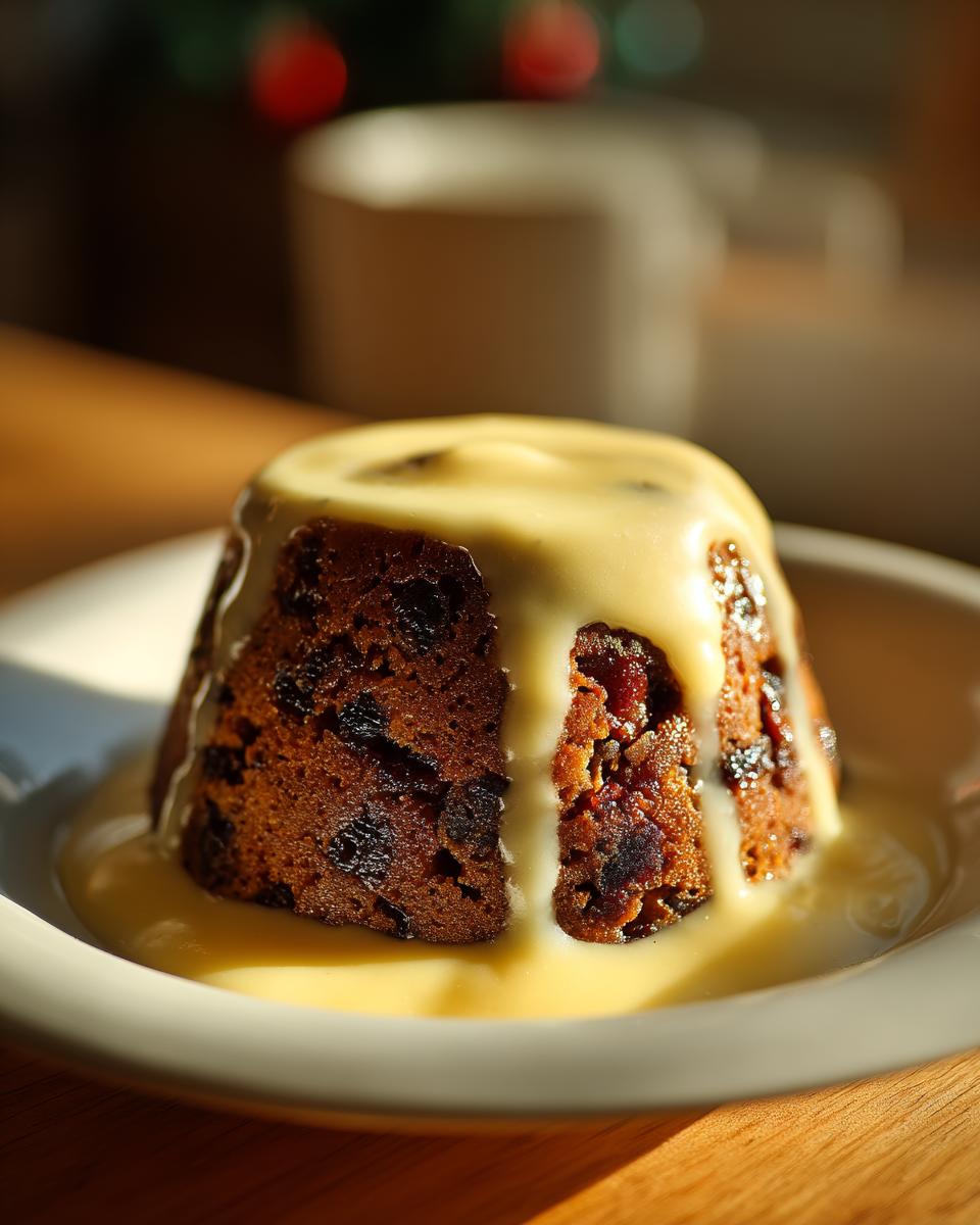 A rich, dark plum pudding served warm and generously topped with flowing yellow custard.
