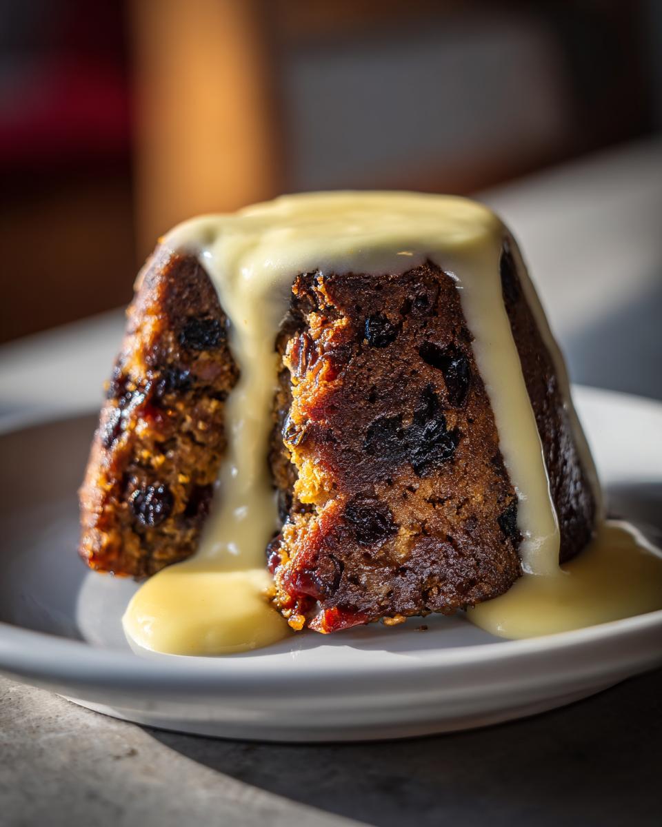 A close-up of a rich, dark plum pudding with a piece cut out, generously covered in flowing vanilla custard sauce.