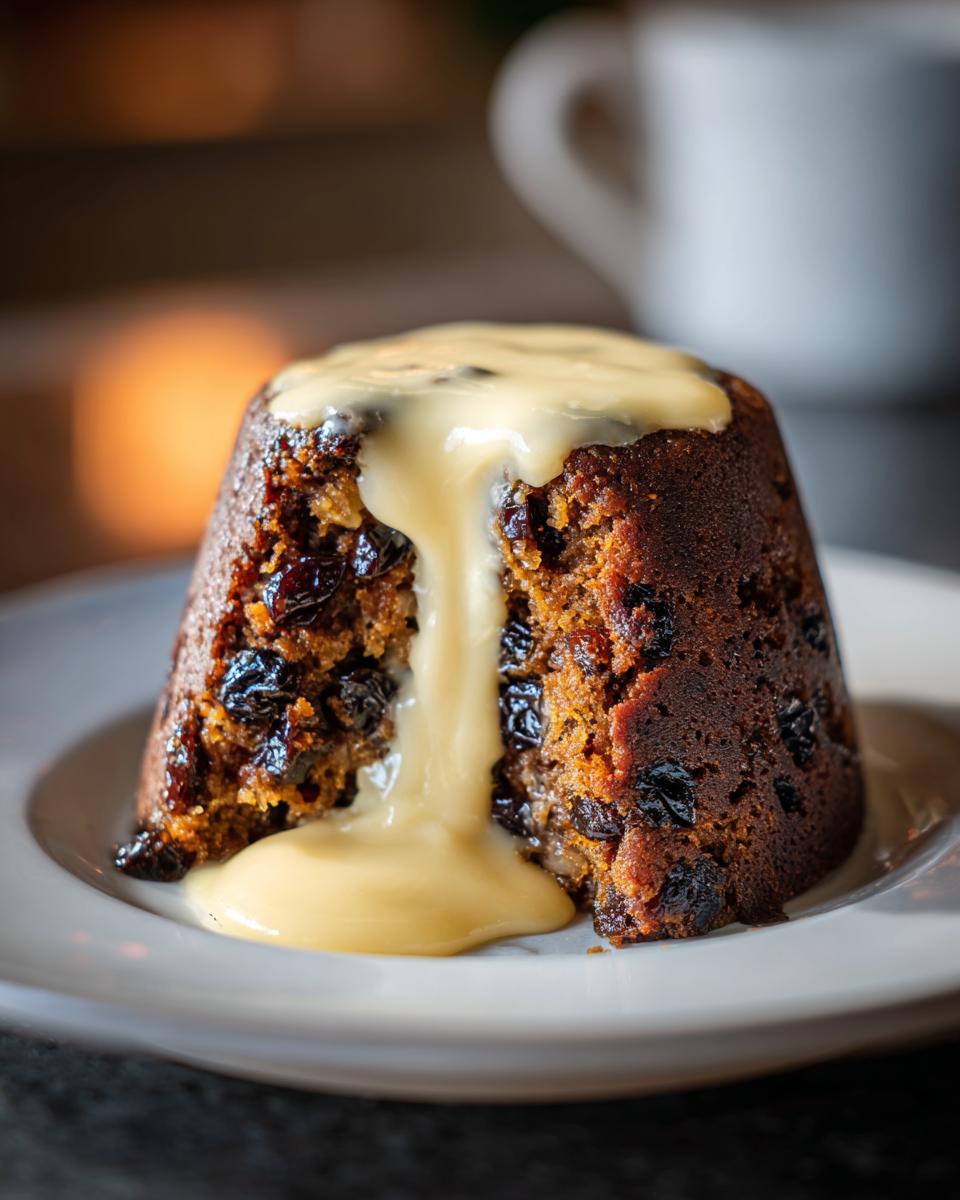 A rich, dark plum pudding served on a white plate, generously topped with flowing vanilla custard.