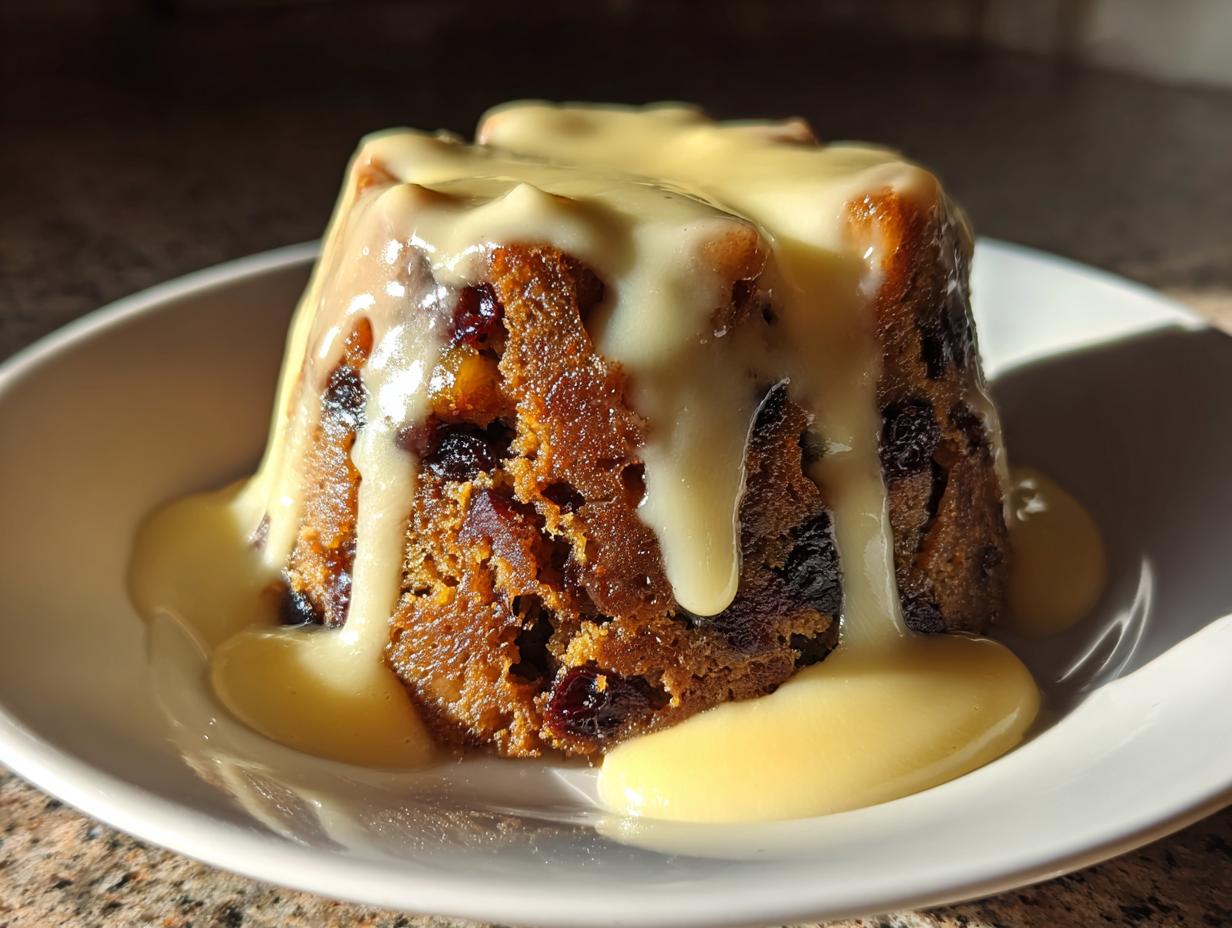 A rich, dark plum pudding covered in thick, creamy vanilla custard, served on a white plate.