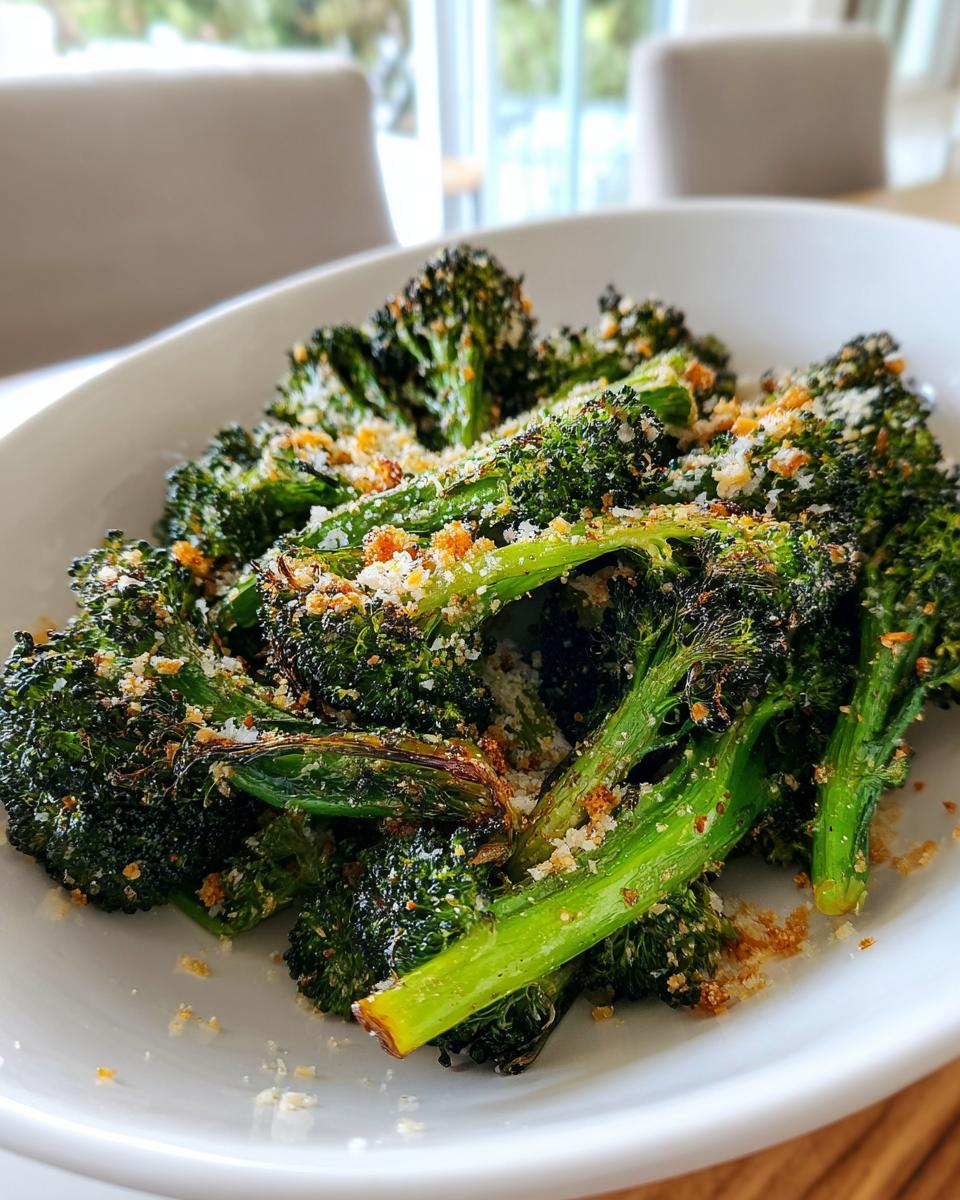 Close-up of perfectly roasted broccoli florets seasoned with breadcrumbs and cheese.